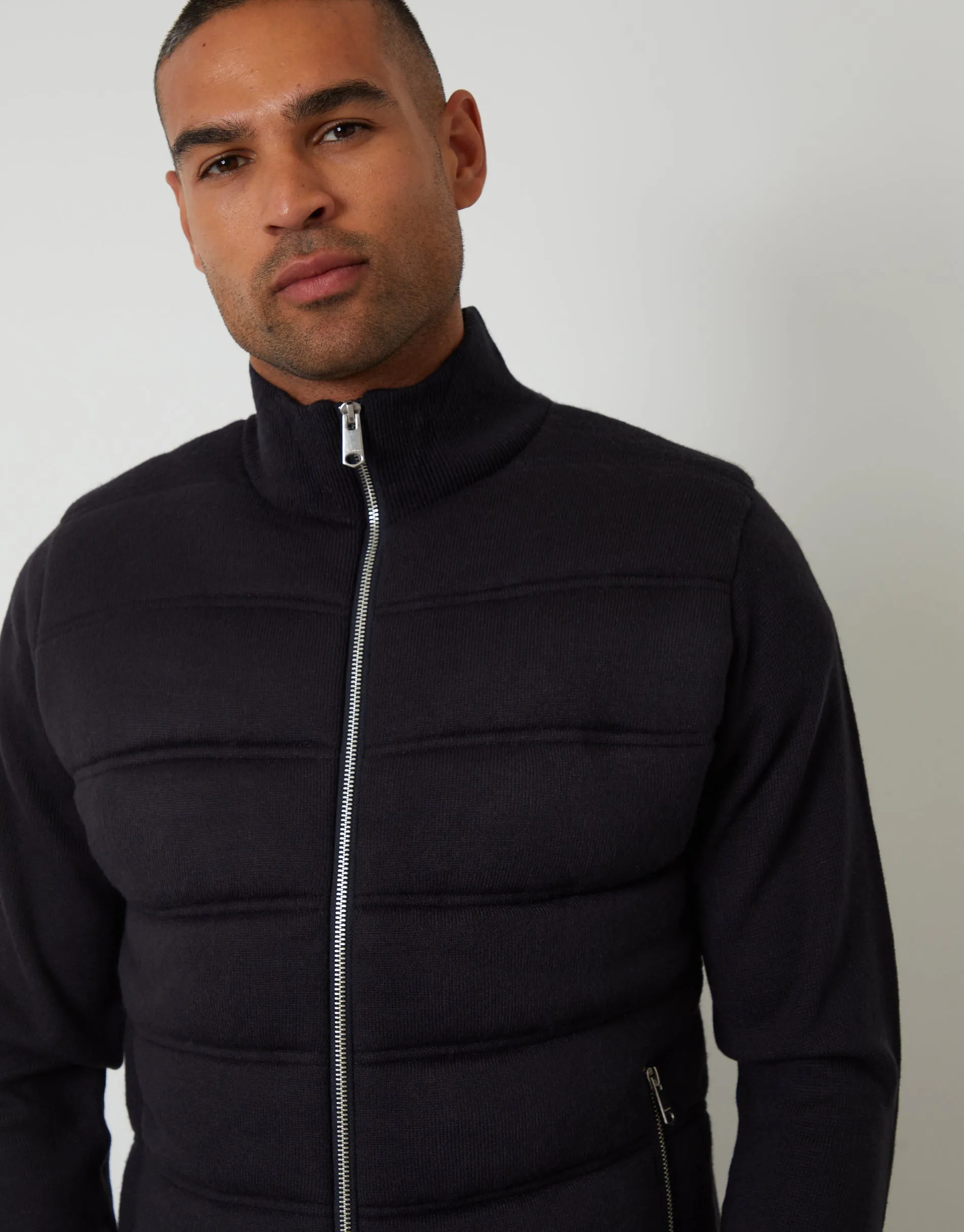 Navy Quilted Zip Up Knitted Jacket sold by Threadbare product image thumbnail 4