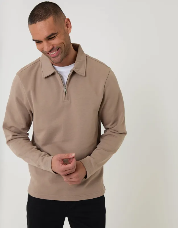 Taupe Quarter Zip Long Sleeve Polo Sweatshirt made by Threadbare