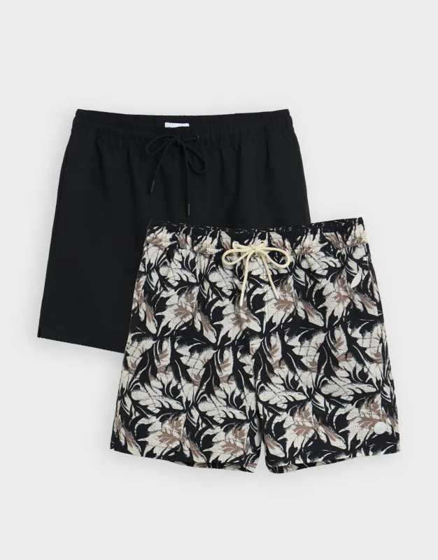 2 Pack Cream & Black Leaf Print Seersucker Swim Shorts made by Threadbare