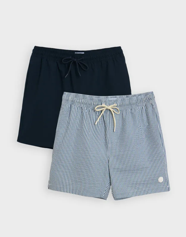 2 Pack Navy Stripe Seersucker Swim Shorts made by Threadbare