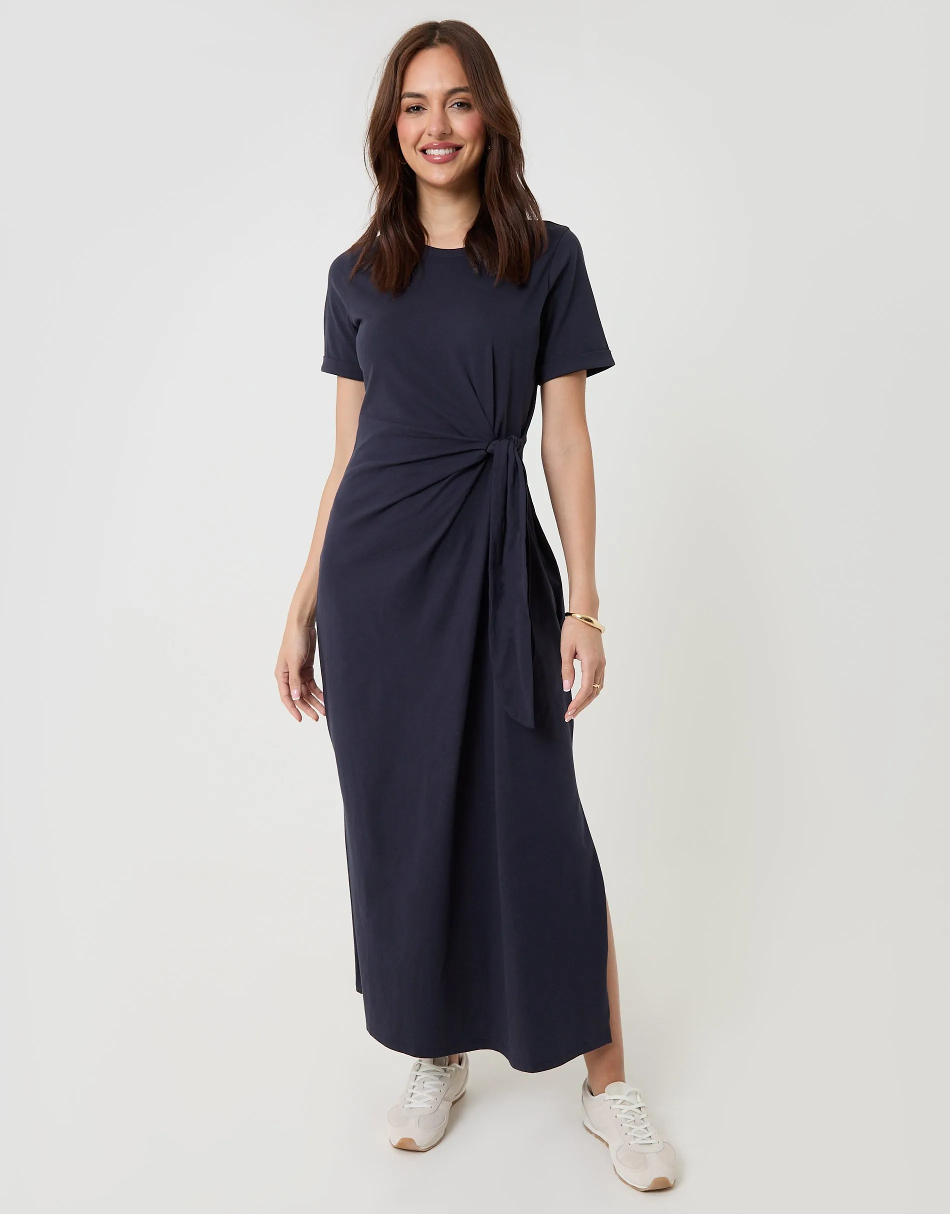 Navy Tie Front Side Split Cotton Jersey Midi Dress sold by Threadbare product image thumbnail 3