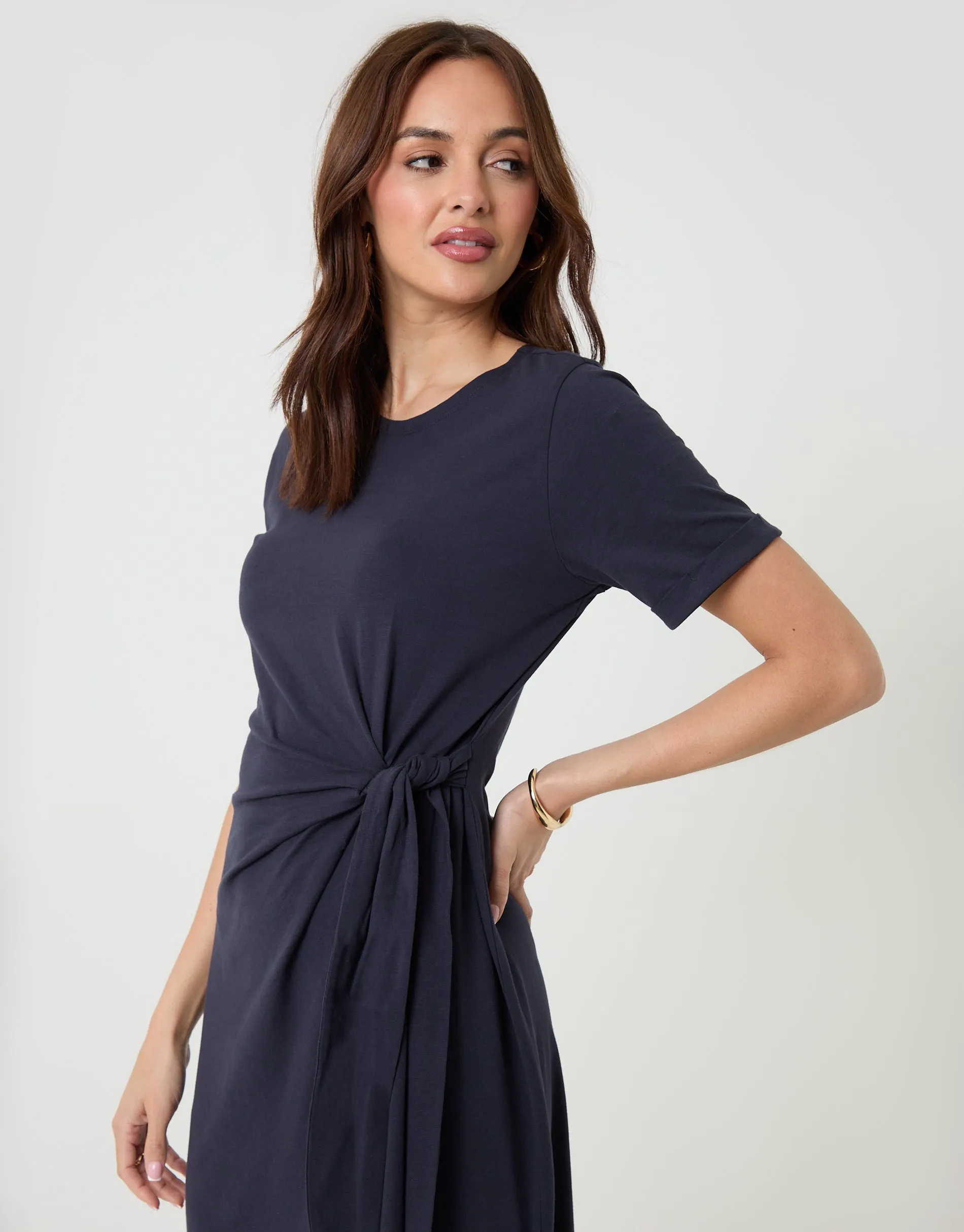 Navy Tie Front Side Split Cotton Jersey Midi Dress sold by Threadbare product image thumbnail 2