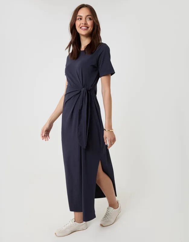 Navy Tie Front Side Split Cotton Jersey Midi Dress sold by Threadbare