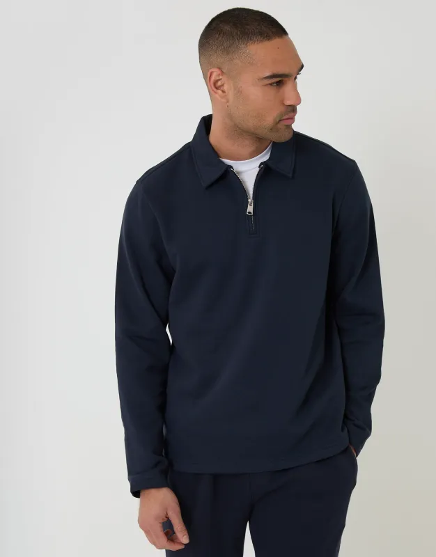 Navy Quarter Zip Long Sleeve Polo Sweatshirt sold by Threadbare