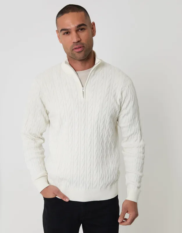 Ecru Cable Knit Quarter Zip Jumper sold by Threadbare