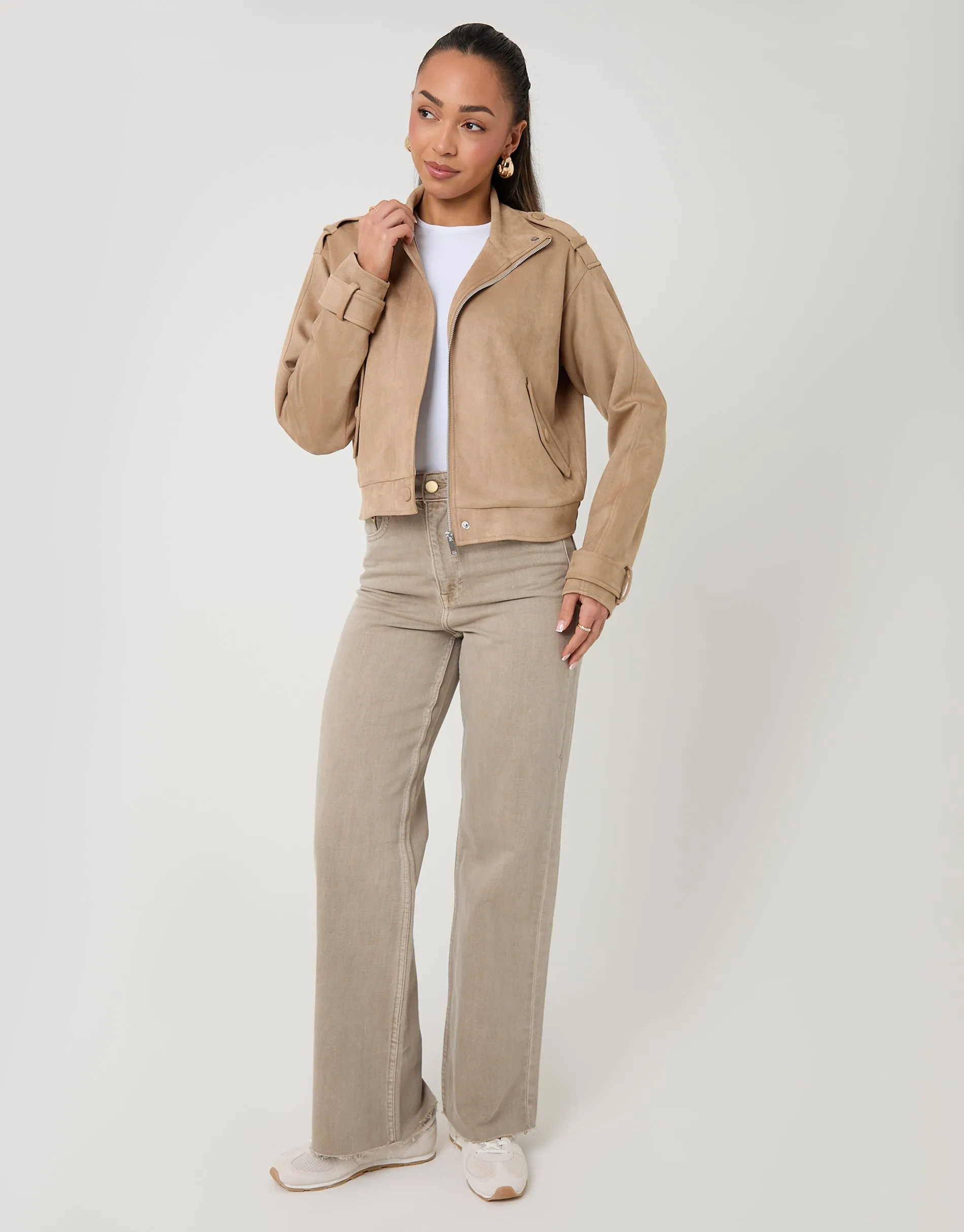 Beige Faux Suede Funnel Neck Bomber Jacket sold by Threadbare product image thumbnail 3