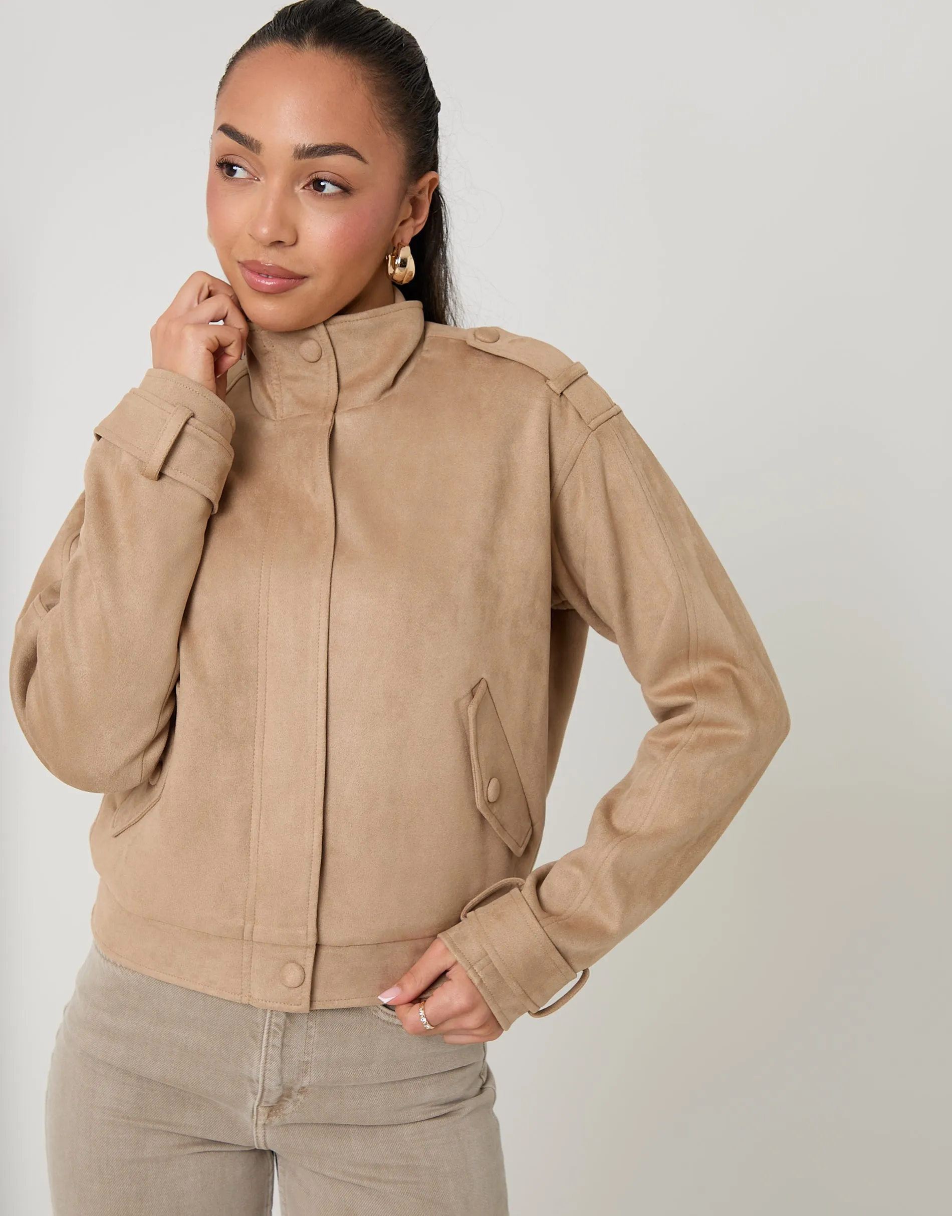 Beige Faux Suede Funnel Neck Bomber Jacket sold by Threadbare product image thumbnail 4
