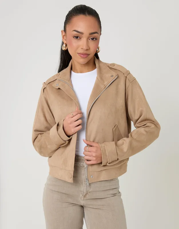 Beige Faux Suede Funnel Neck Bomber Jacket sold by Threadbare
