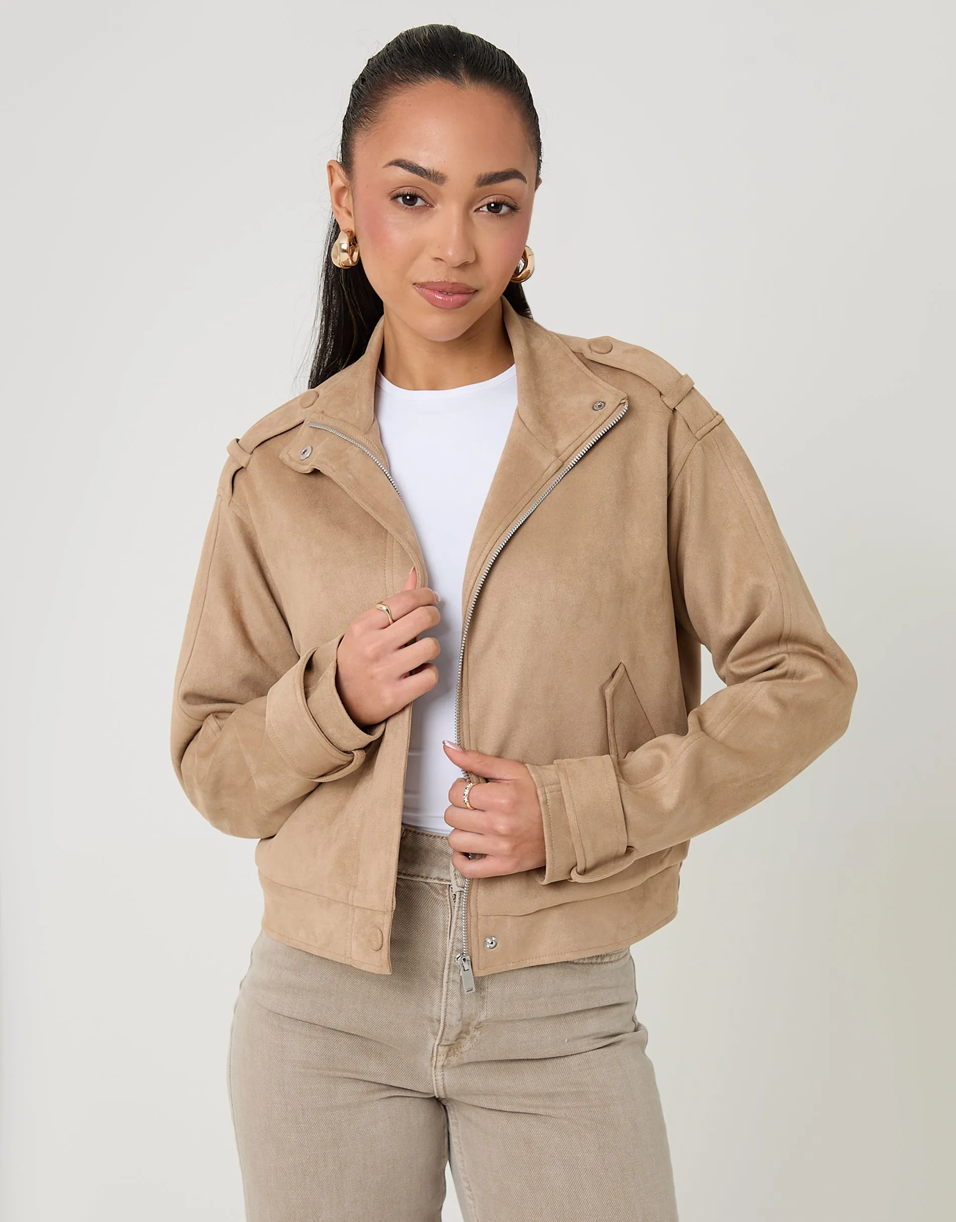 Beige Faux Suede Funnel Neck Bomber Jacket sold by Threadbare