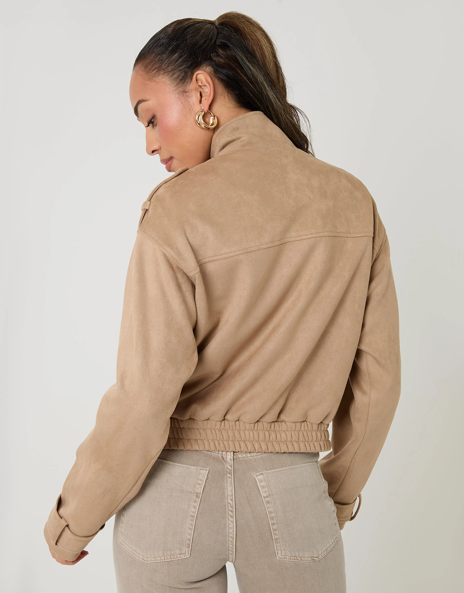 Beige Faux Suede Funnel Neck Bomber Jacket sold by Threadbare product image thumbnail 2