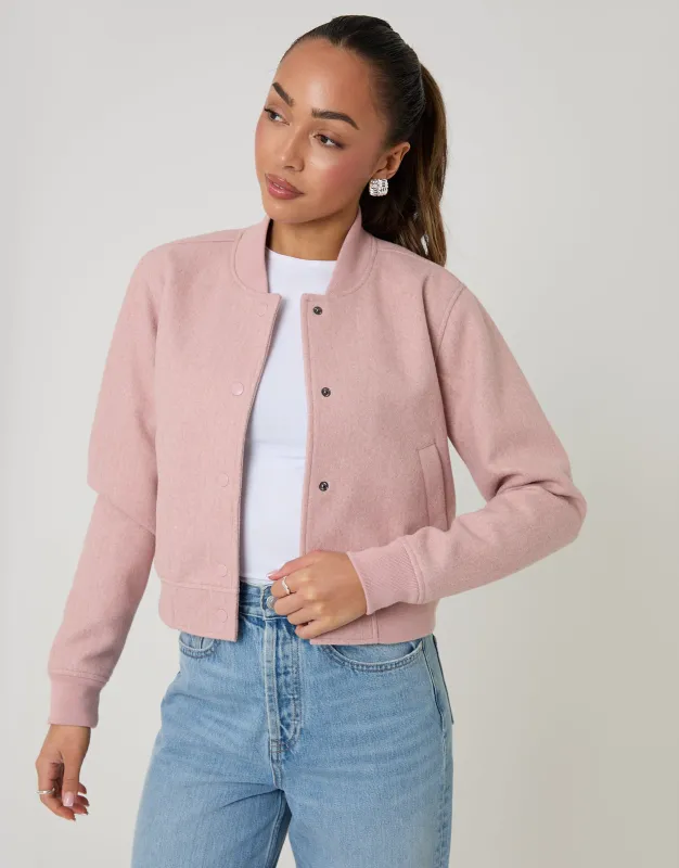 Pink Faux Wool Bomber Jacket sold by Threadbare