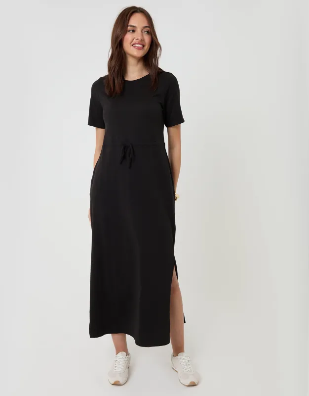 Black Drawstring Waist Side Split Cotton Jersey Midi Dress sold by Threadbare