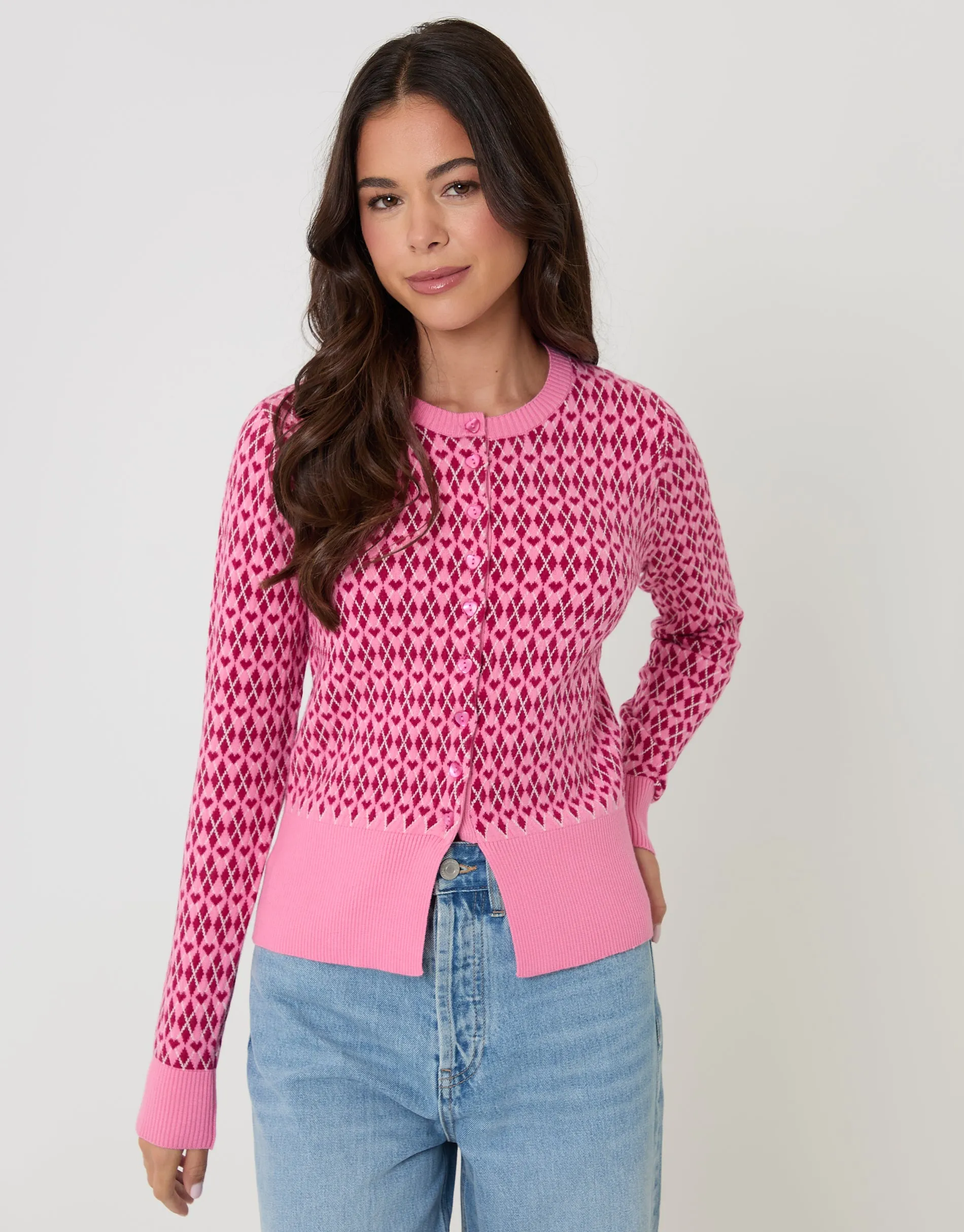 Pink Crew Neck Argyle Heart Print Cardigan sold by Threadbare product image thumbnail 5