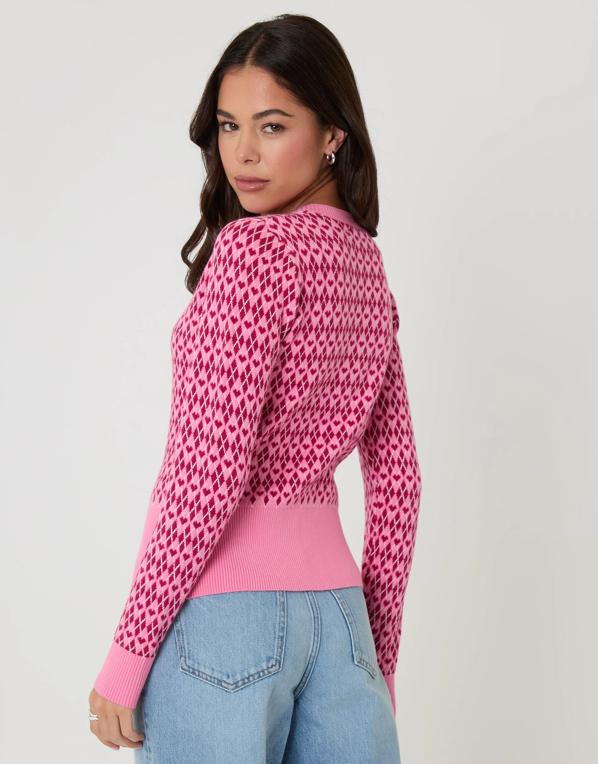 Pink Crew Neck Argyle Heart Print Cardigan sold by Threadbare product image thumbnail 2