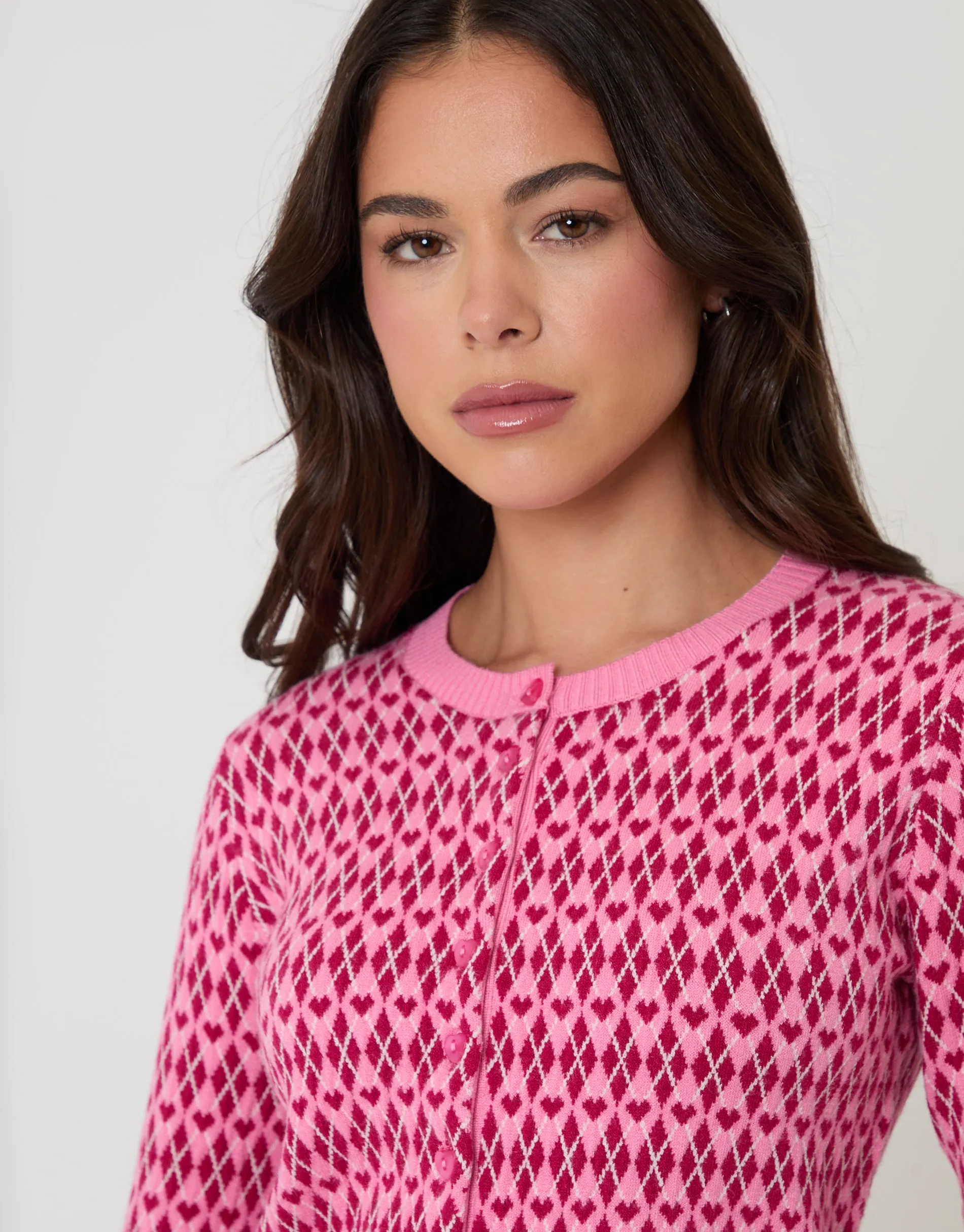 Pink Crew Neck Argyle Heart Print Cardigan sold by Threadbare product image thumbnail 4