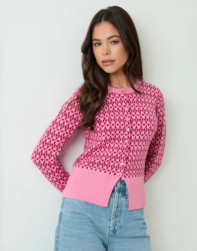 Pink Crew Neck Argyle Heart Print Cardigan sold by Threadbare