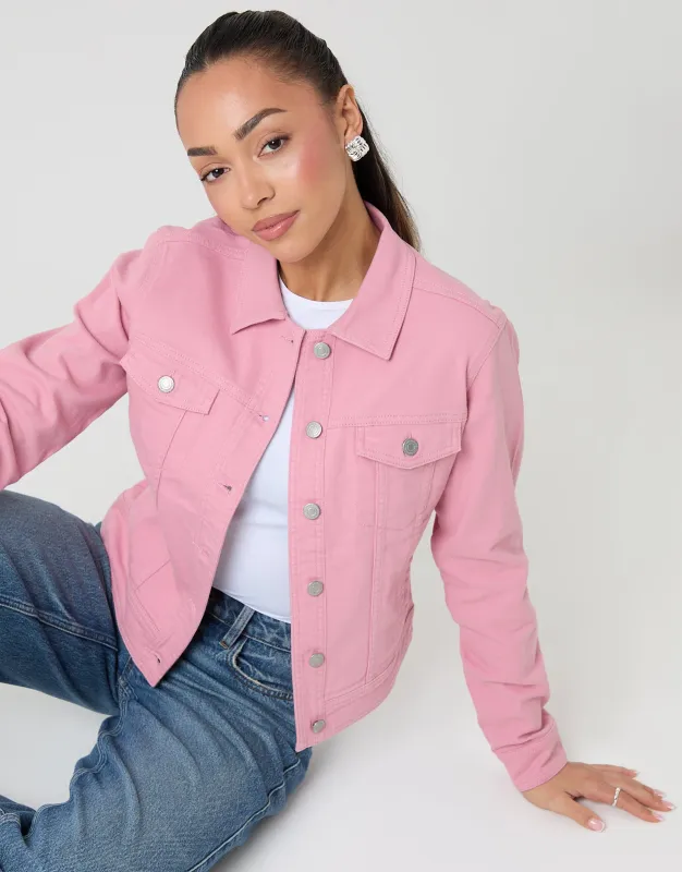 Pink Stretch Denim Jacket made by Threadbare