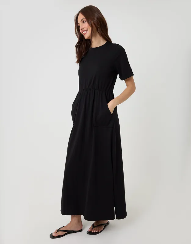 Black Crew Neck Jersey Midi Dress with Patch Pockets sold by Threadbare