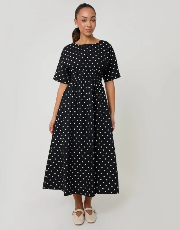 Black Polka Dot Elasticated Waist Cotton Poplin Midi Dress made by Threadbare
