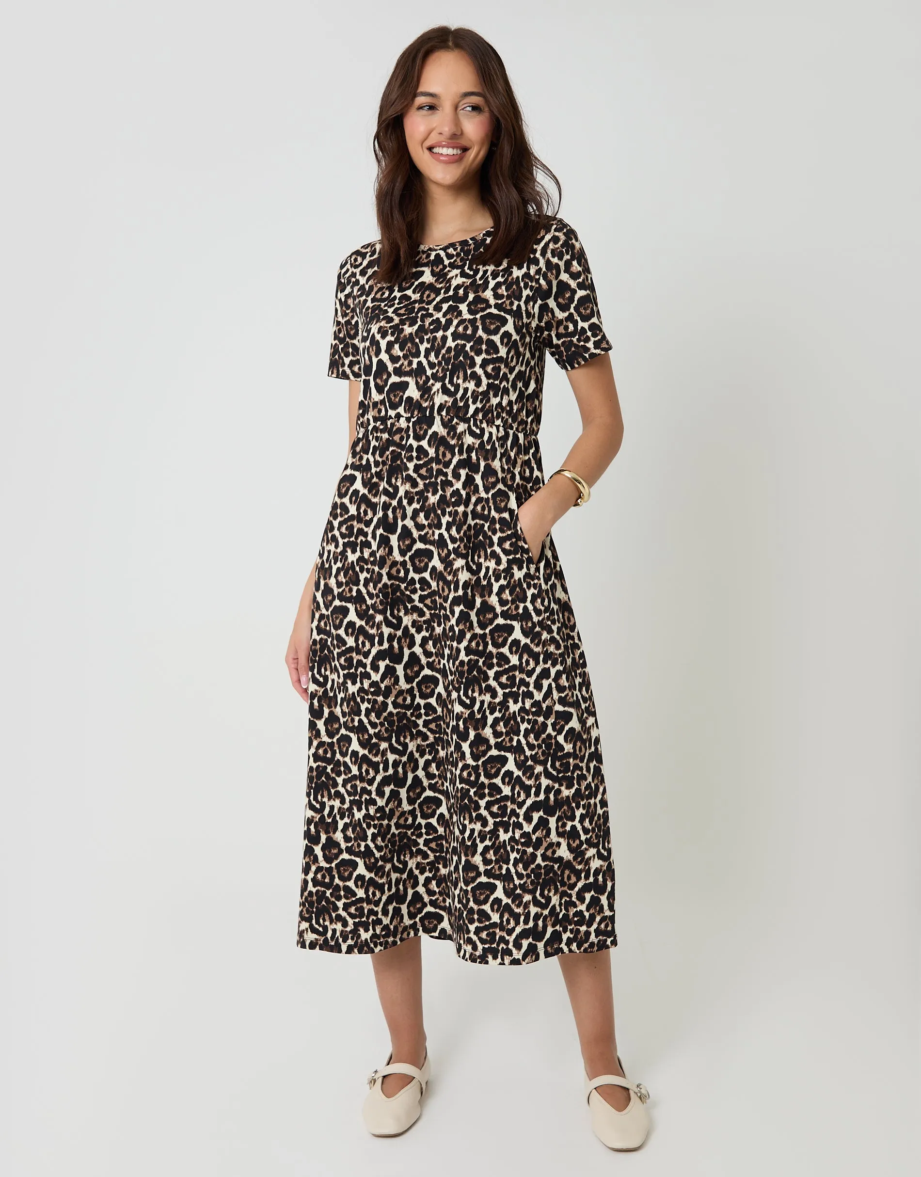Leopard Jersey Midi Smock Dress with Pockets sold by Threadbare