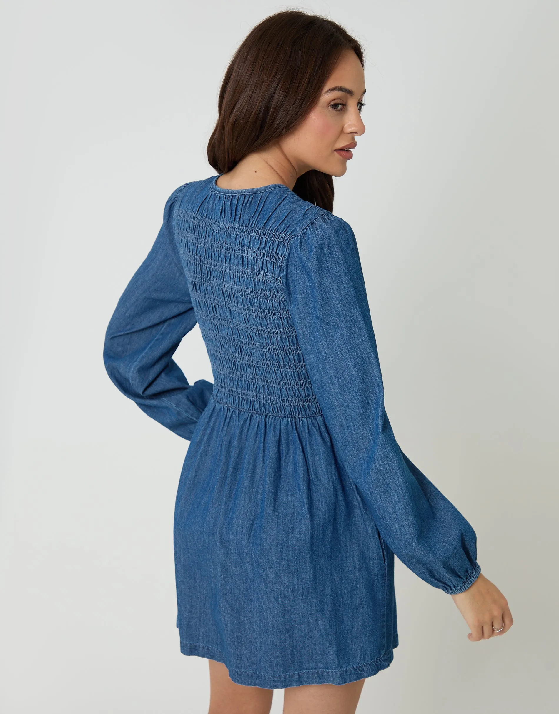 Mid Wash Shirred Denim Button Up Mini Dress sold by Threadbare product image thumbnail 4