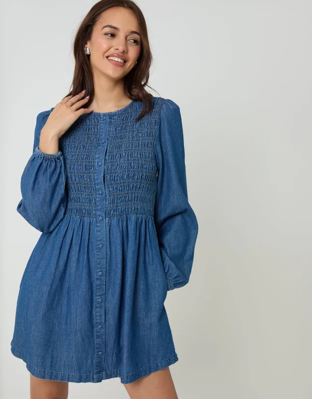 Mid Wash Shirred Denim Button Up Mini Dress made by Threadbare