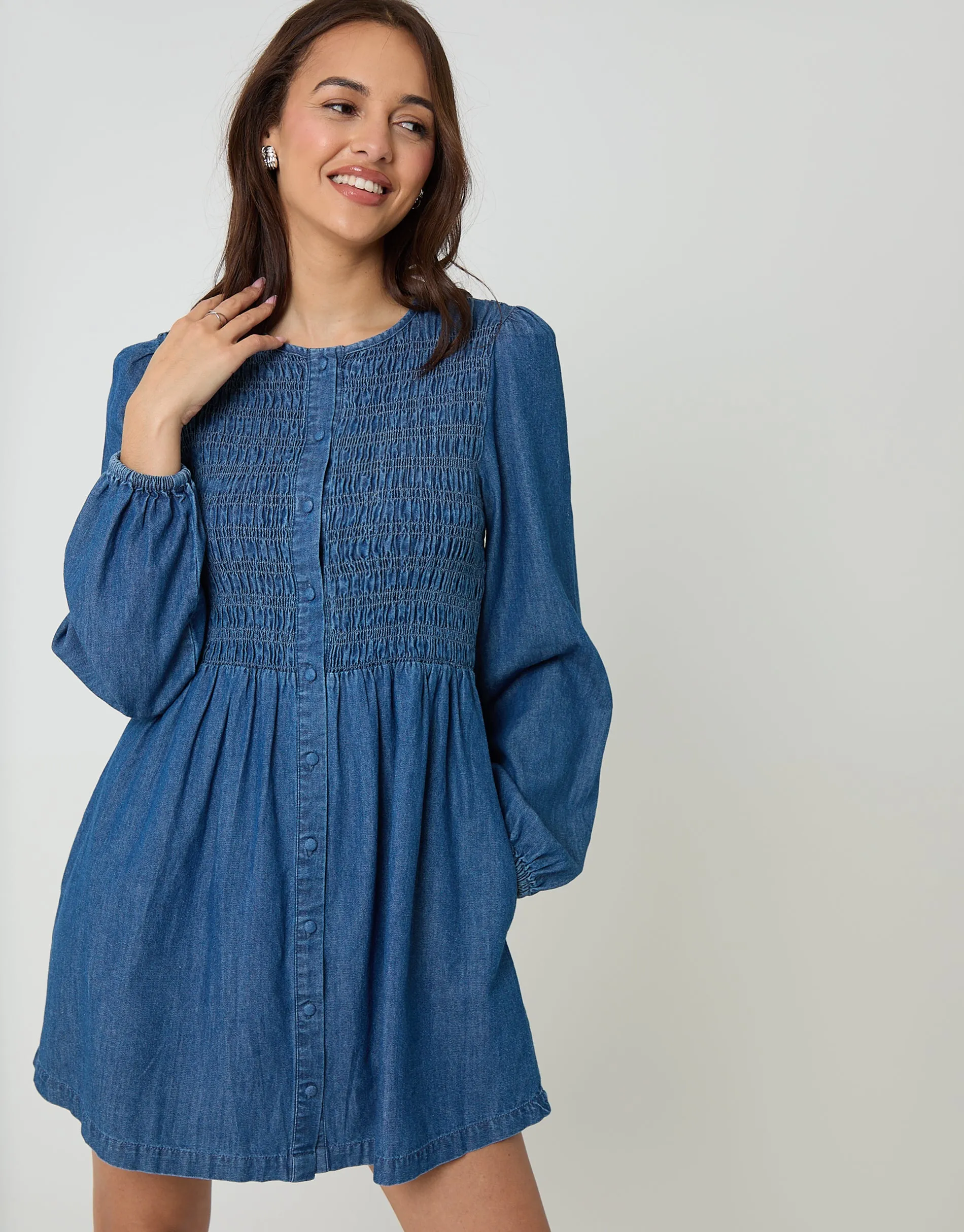 Mid Wash Shirred Denim Button Up Mini Dress sold by Threadbare