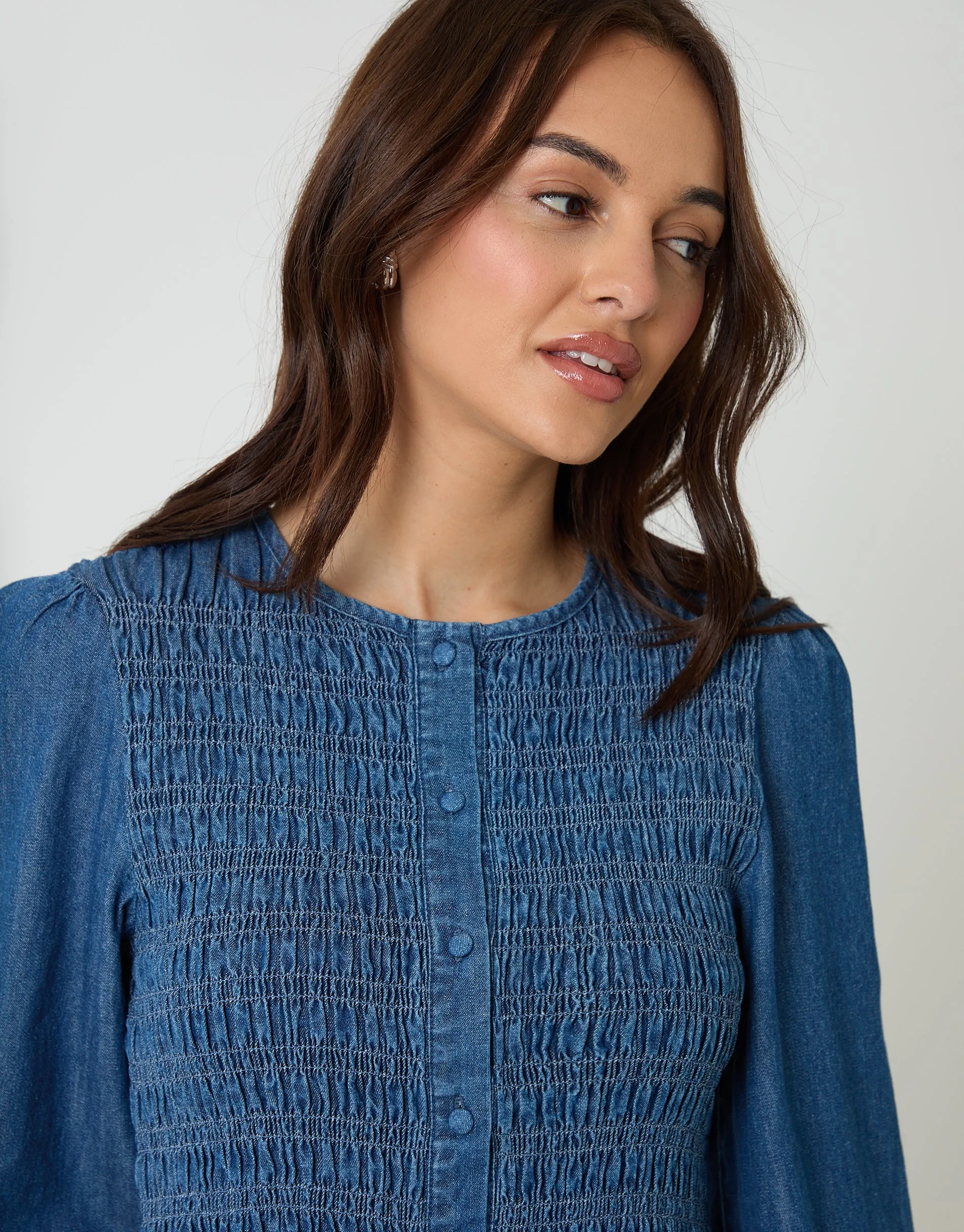 Mid Wash Shirred Denim Button Up Mini Dress sold by Threadbare product image thumbnail 5