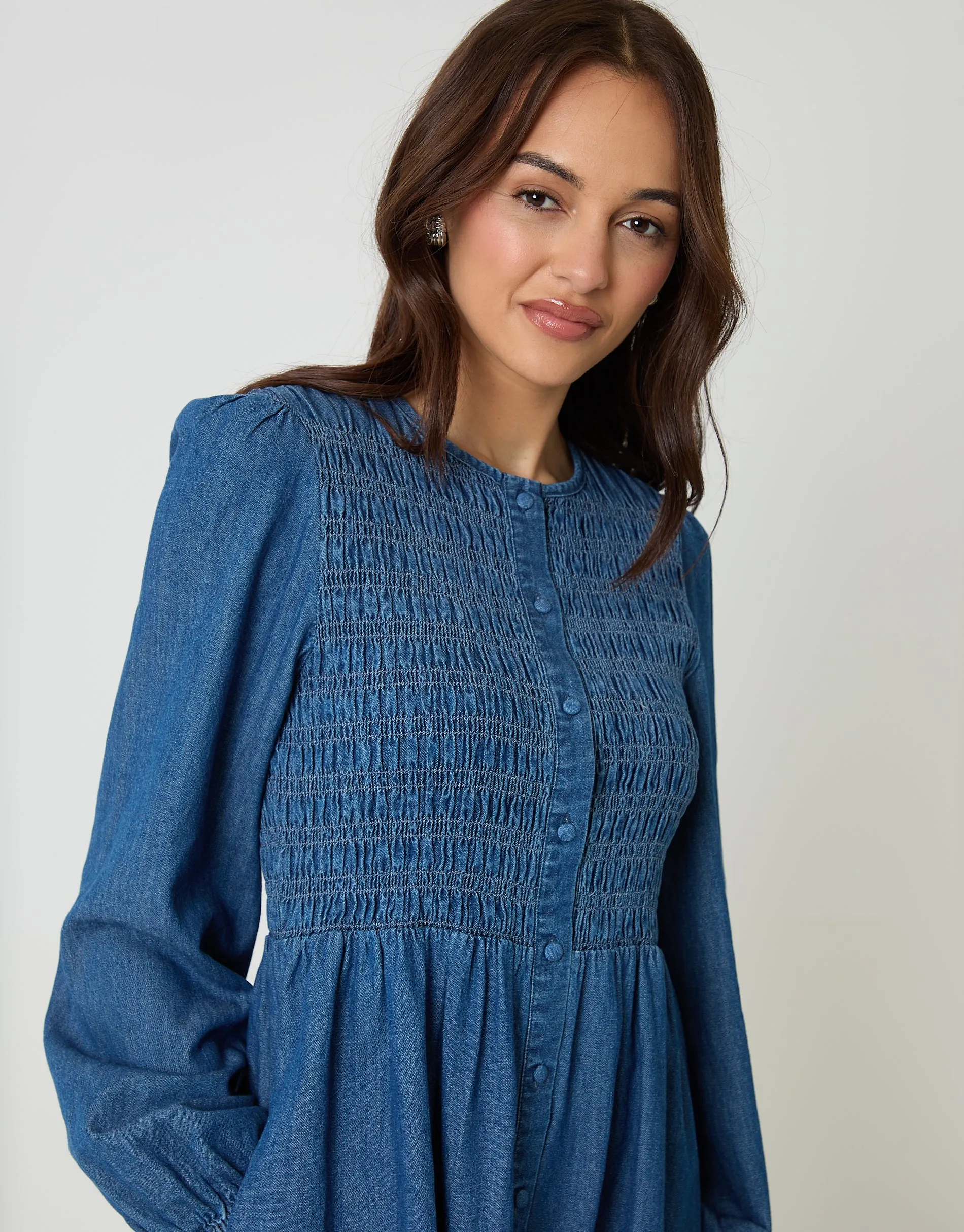 Mid Wash Shirred Denim Button Up Mini Dress sold by Threadbare product image thumbnail 2