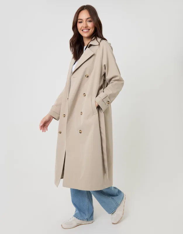 Stone Double Breasted Longline Trench Coat made by Threadbare