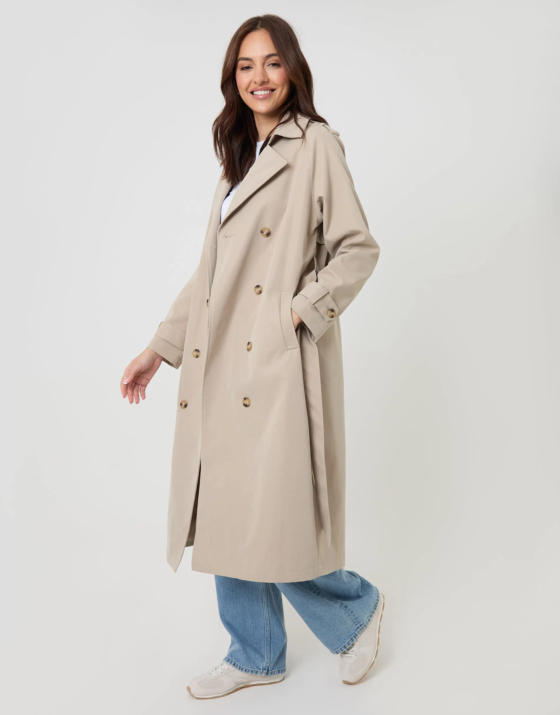 Double Breasted Longline Trench Coat in Stone sold by Threadbare