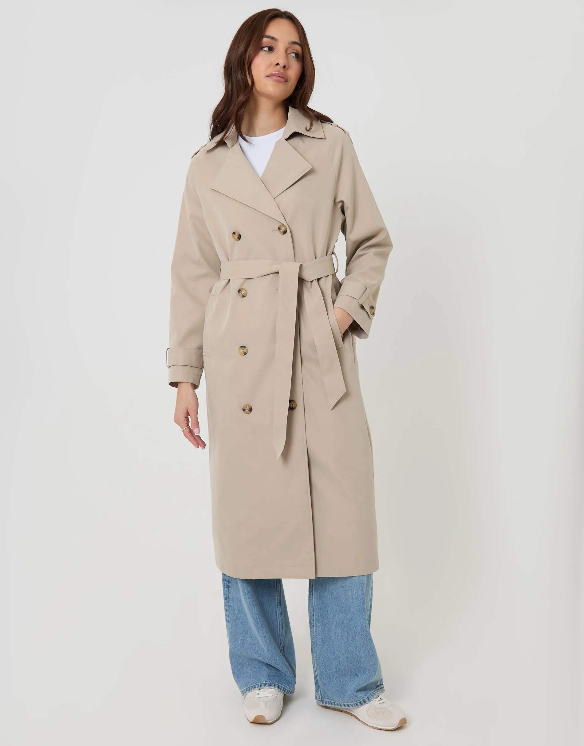Double Breasted Longline Trench Coat in Stone sold by Threadbare product image thumbnail 2