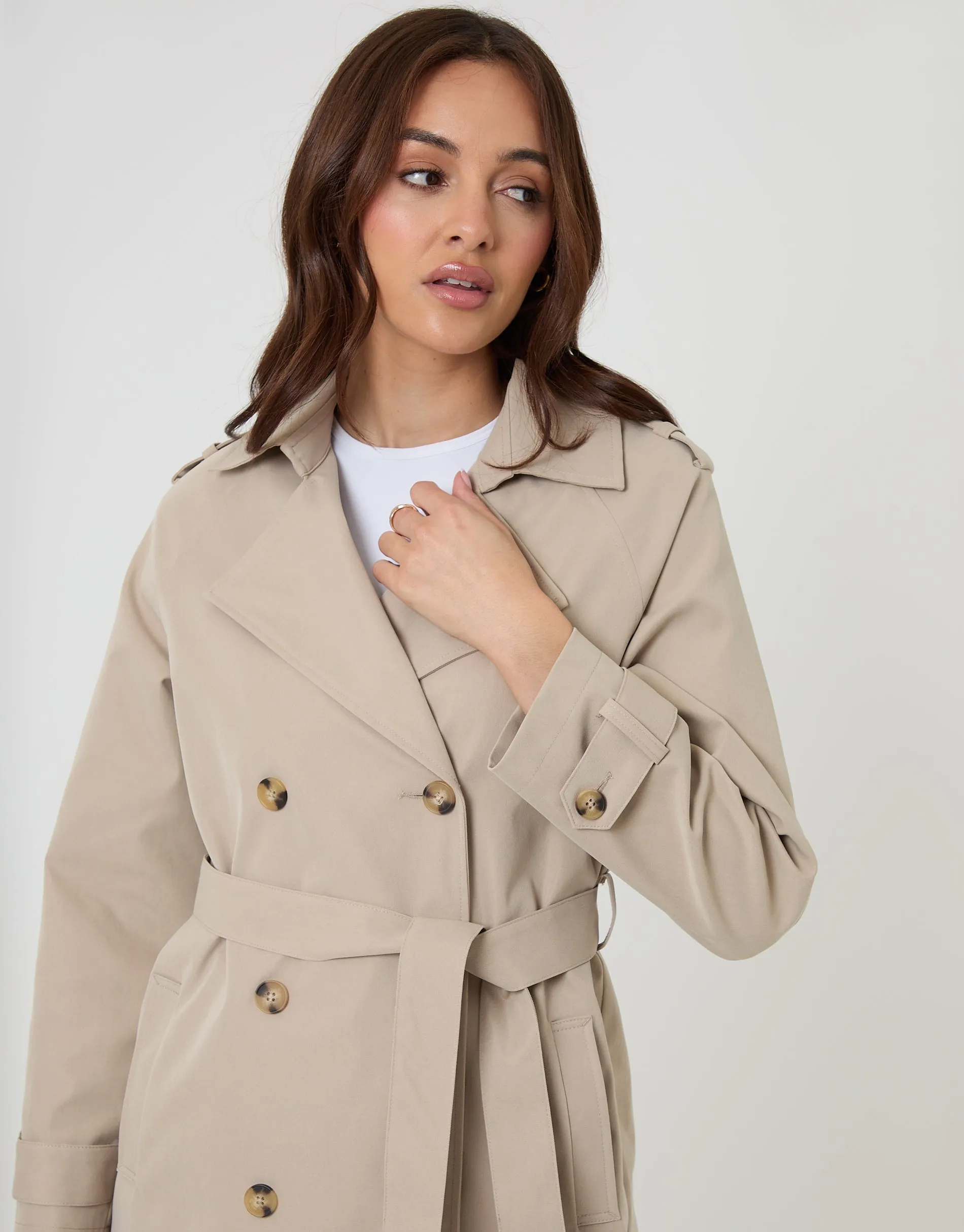 Double Breasted Longline Trench Coat in Stone sold by Threadbare product image thumbnail 4