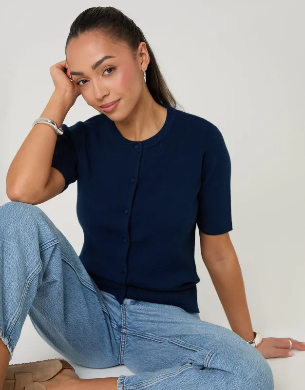 Navy Jacquard Knit Short Sleeve Cardigan made by Threadbare