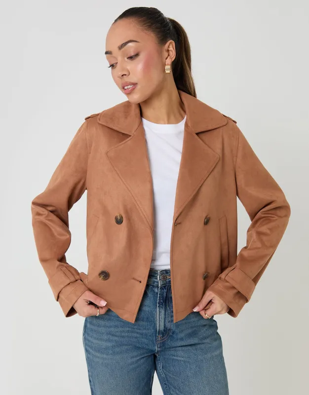 Tan Brown Suedette Cropped Trench Coat sold by Threadbare