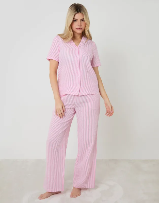Pink Stripe Seersucker Button Up Pyjama Set made by Threadbare
