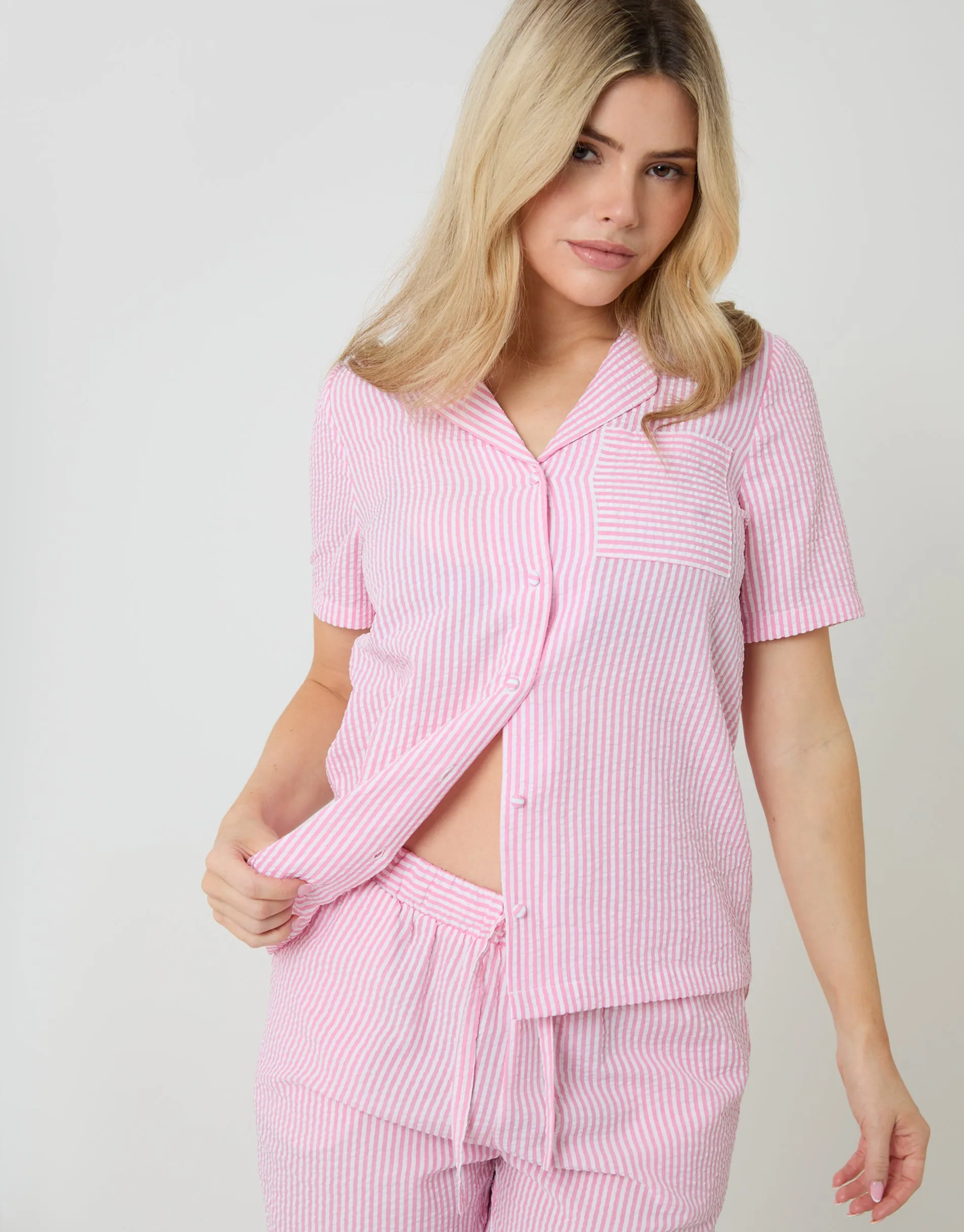 Pink Stripe Seersucker Button Up Pyjama Set sold by Threadbare product image thumbnail 4