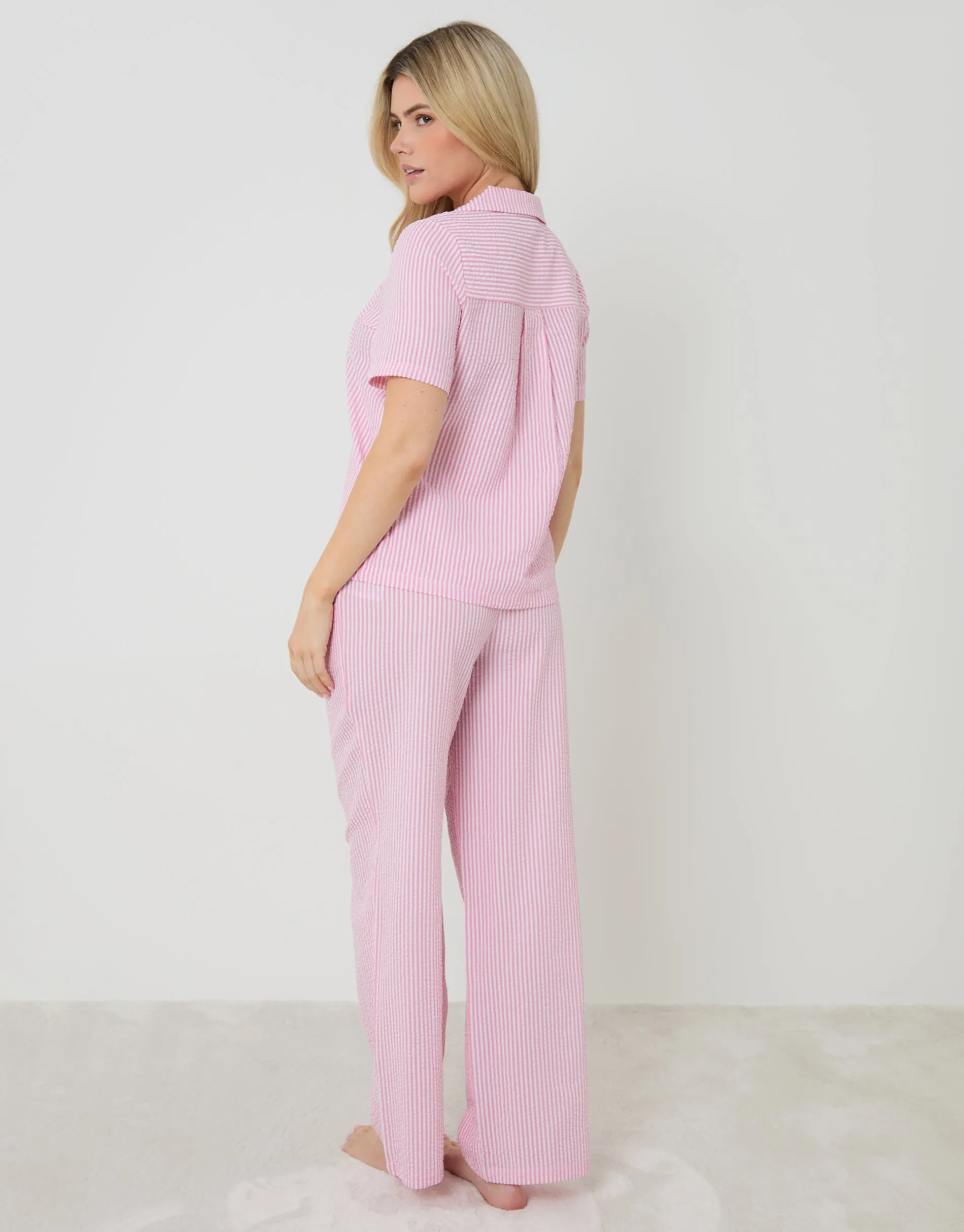 Pink Stripe Seersucker Button Up Pyjama Set sold by Threadbare product image thumbnail 3