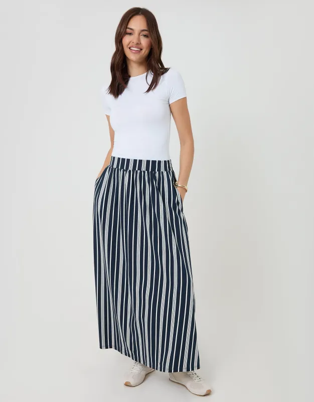 Navy Stripe Jersey A-Line Maxi Skirt sold by Threadbare