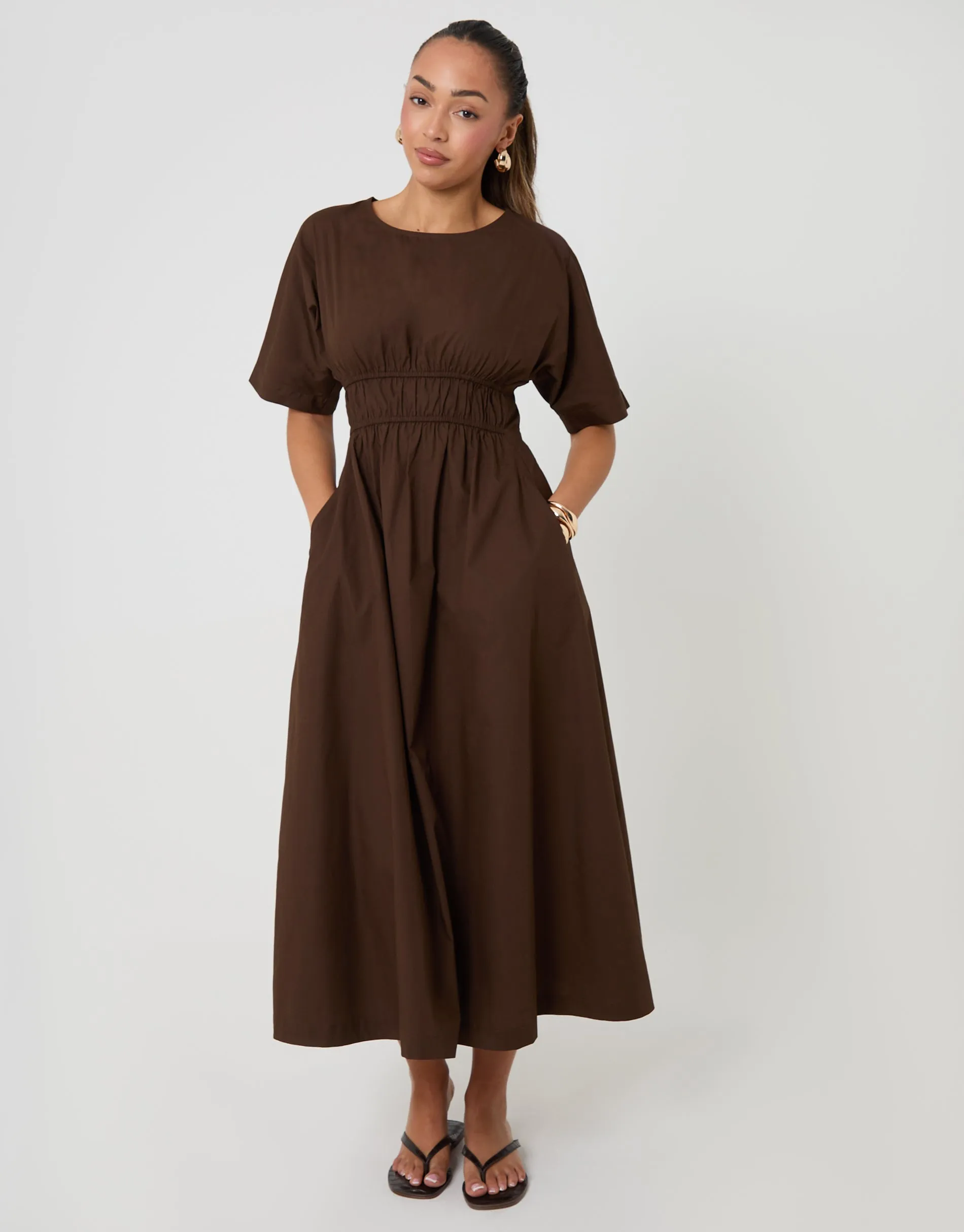 Chocolate Brown Elasticated Waist Cotton Poplin Midi Dress sold by Threadbare