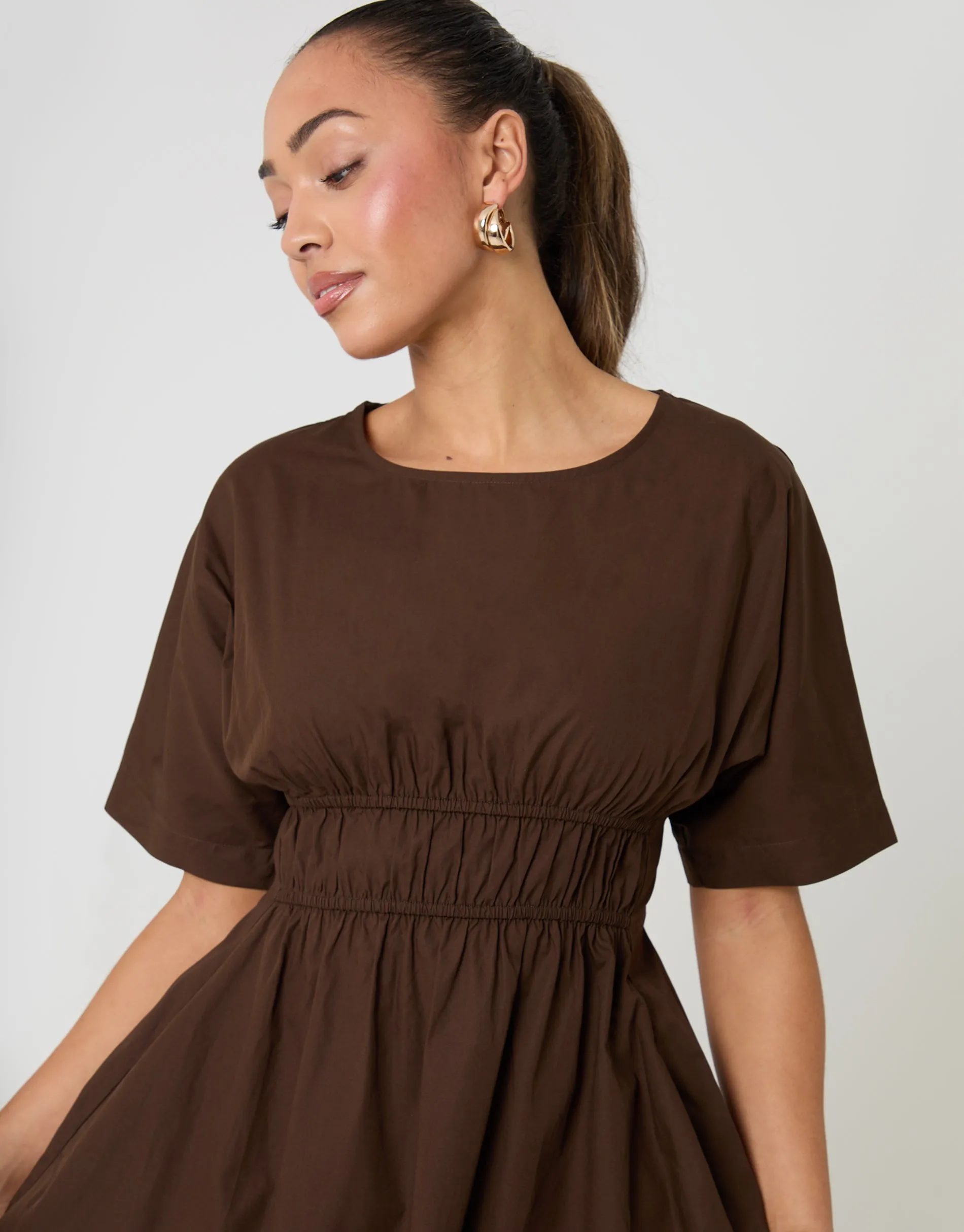 Chocolate Brown Elasticated Waist Cotton Poplin Midi Dress sold by Threadbare product image thumbnail 4