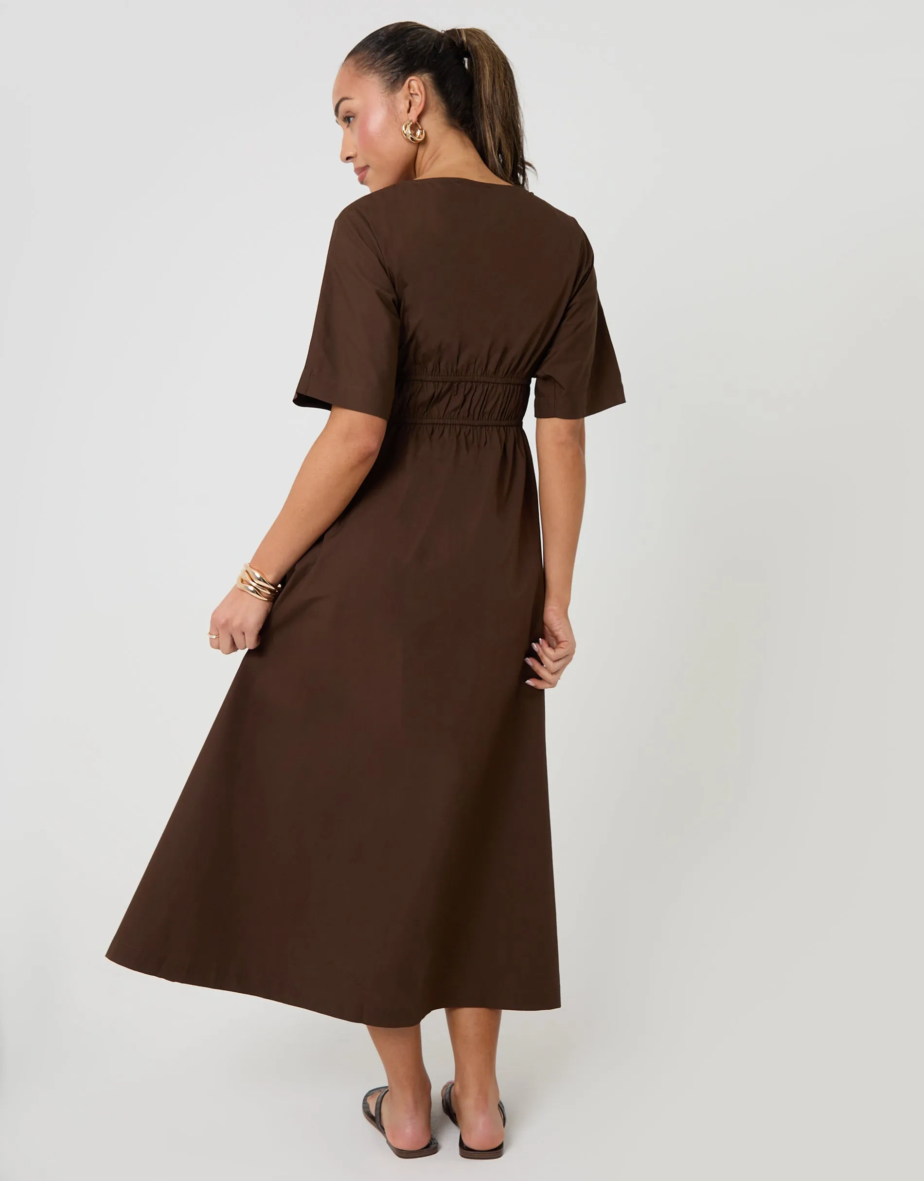 Chocolate Brown Elasticated Waist Cotton Poplin Midi Dress sold by Threadbare product image thumbnail 2