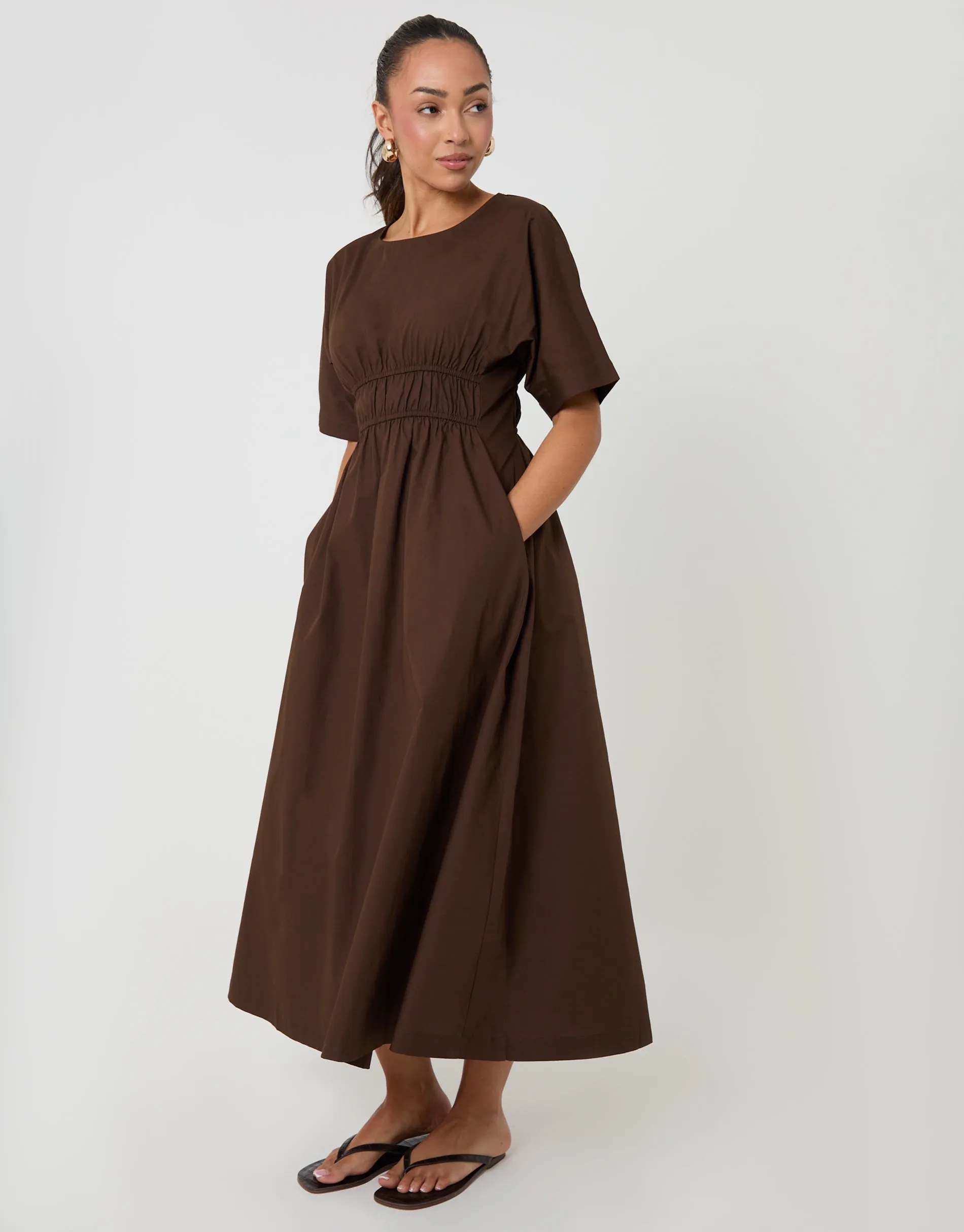 Chocolate Brown Elasticated Waist Cotton Poplin Midi Dress sold by Threadbare product image thumbnail 3