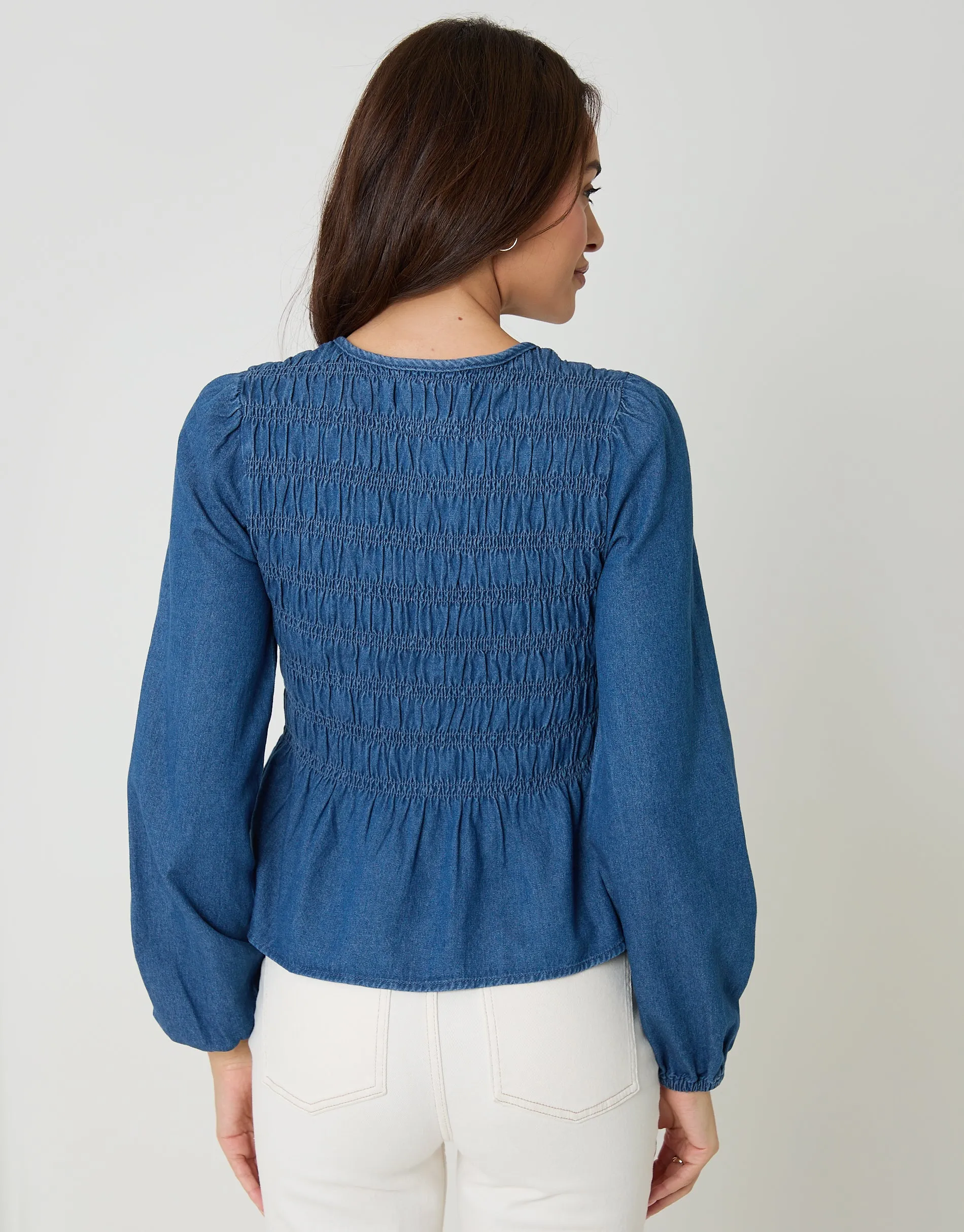 Denim Shirred Smock Blouse in Mid Wash sold by Threadbare product image thumbnail 2
