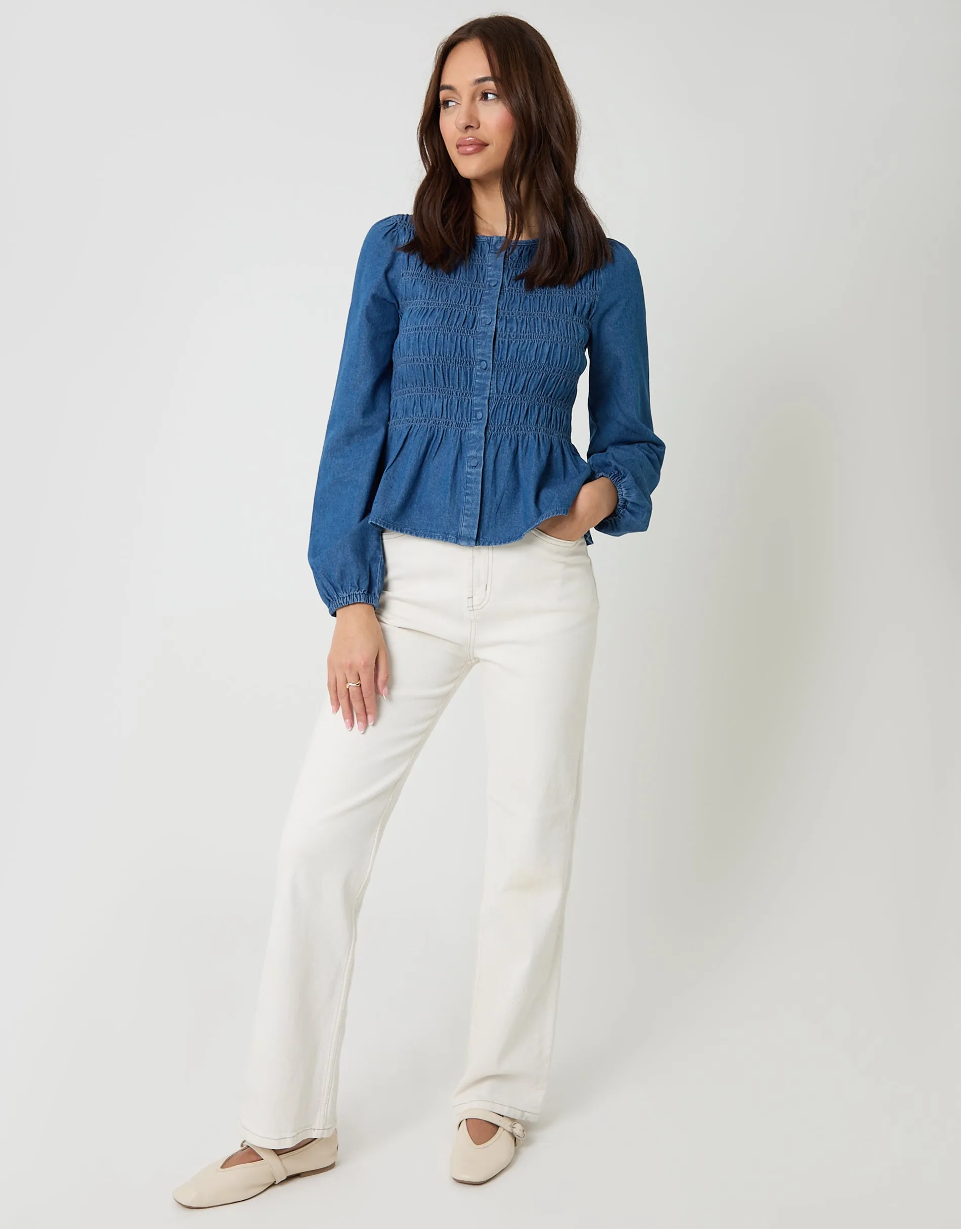Denim Shirred Smock Blouse in Mid Wash sold by Threadbare product image thumbnail 3