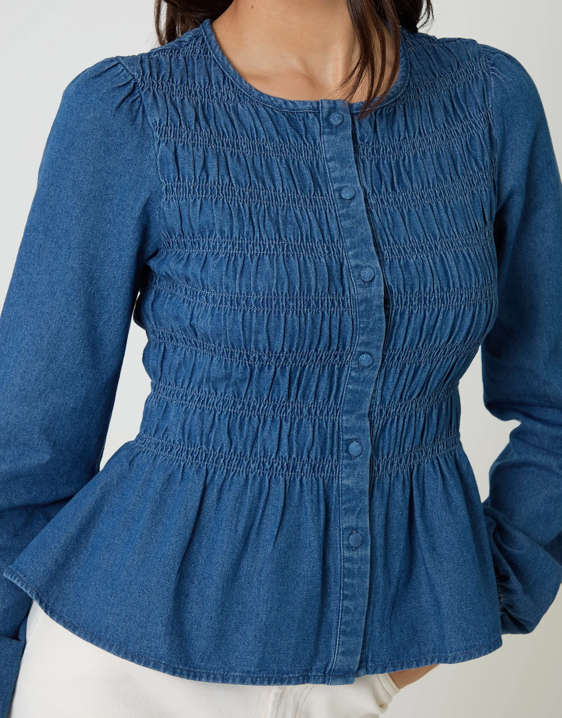 Denim Shirred Smock Blouse in Mid Wash sold by Threadbare product image thumbnail 4