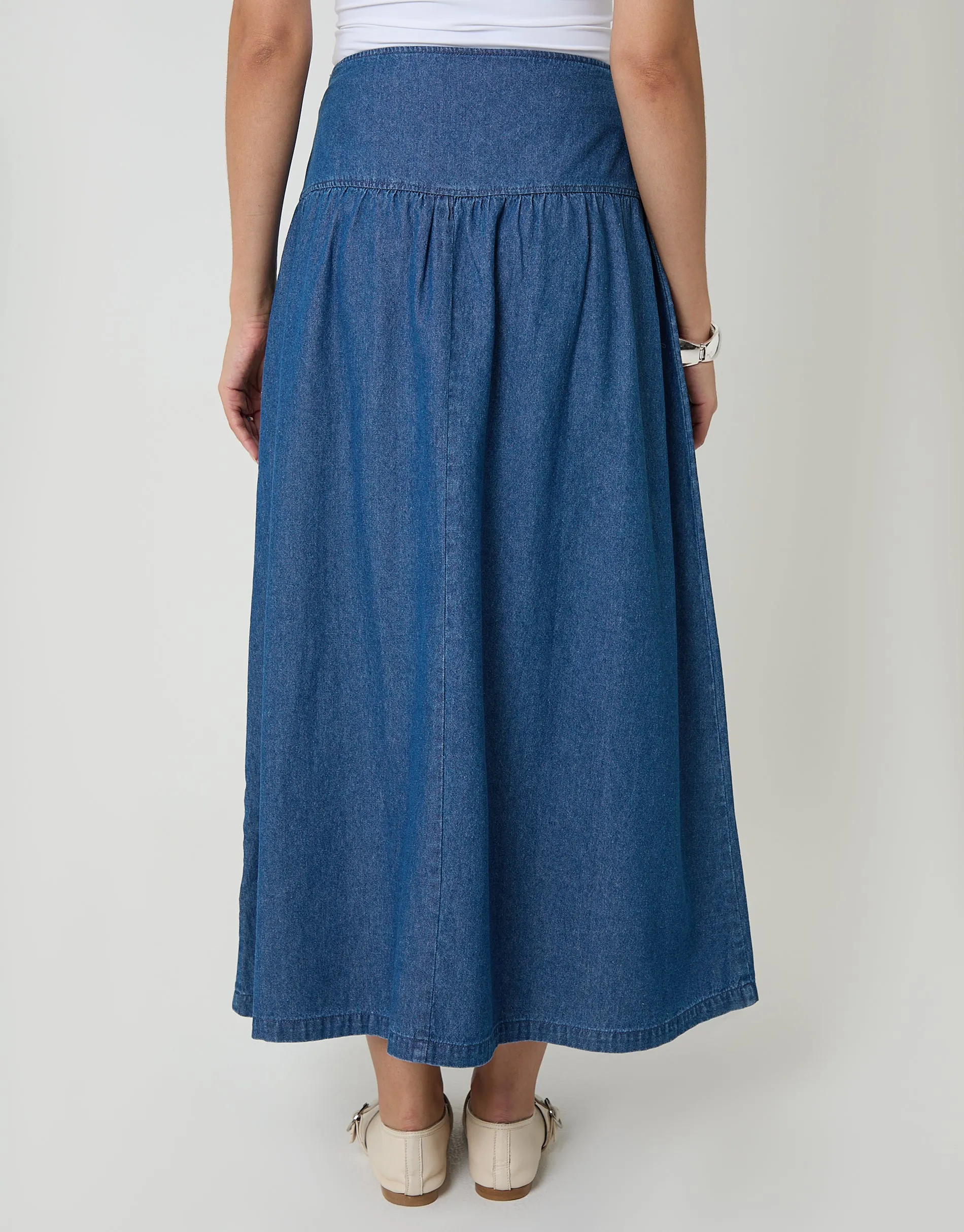 Mid Wash Dropped Waist Denim Maxi Skirt sold by Threadbare product image thumbnail 3