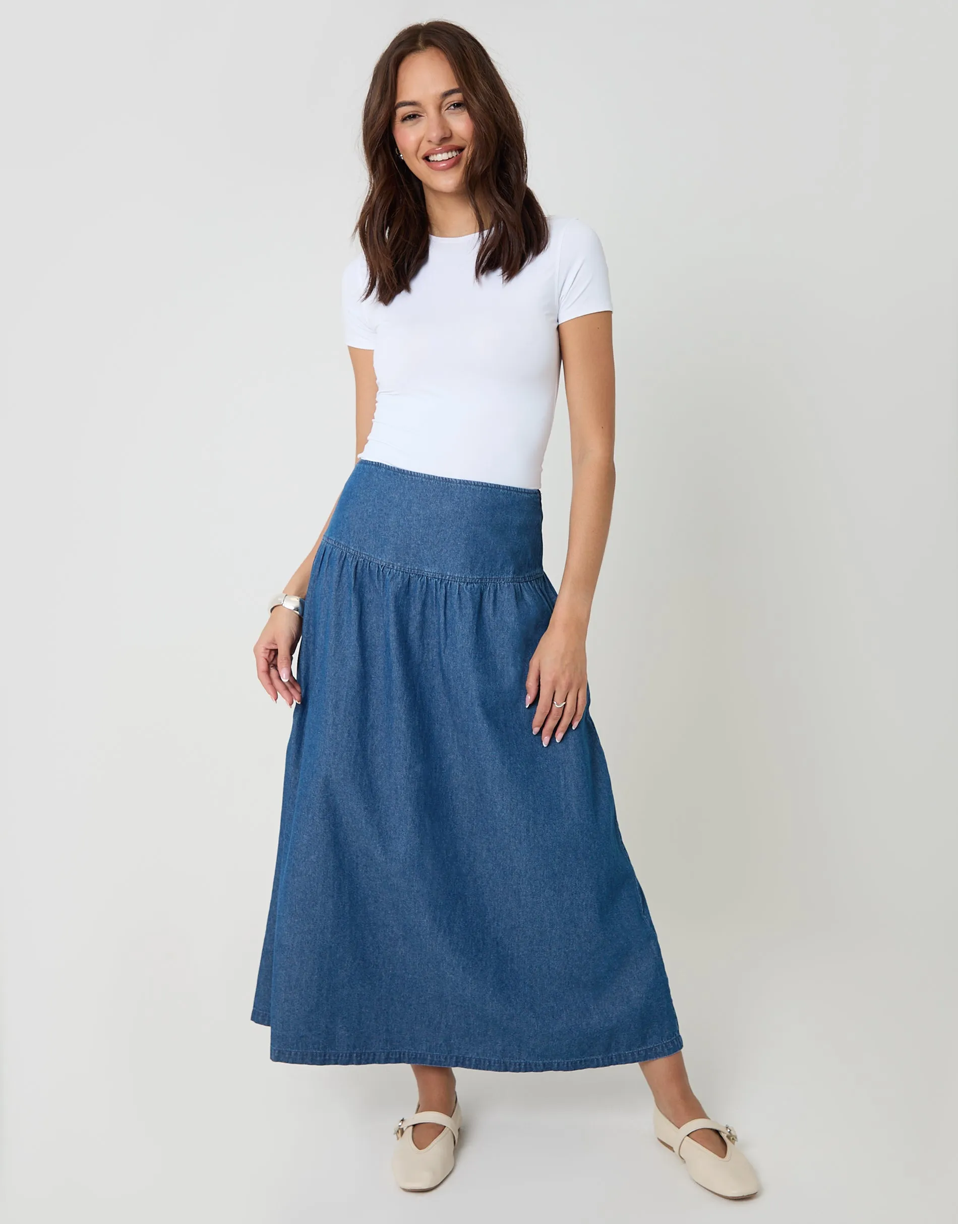 Mid Wash Dropped Waist Denim Maxi Skirt sold by Threadbare