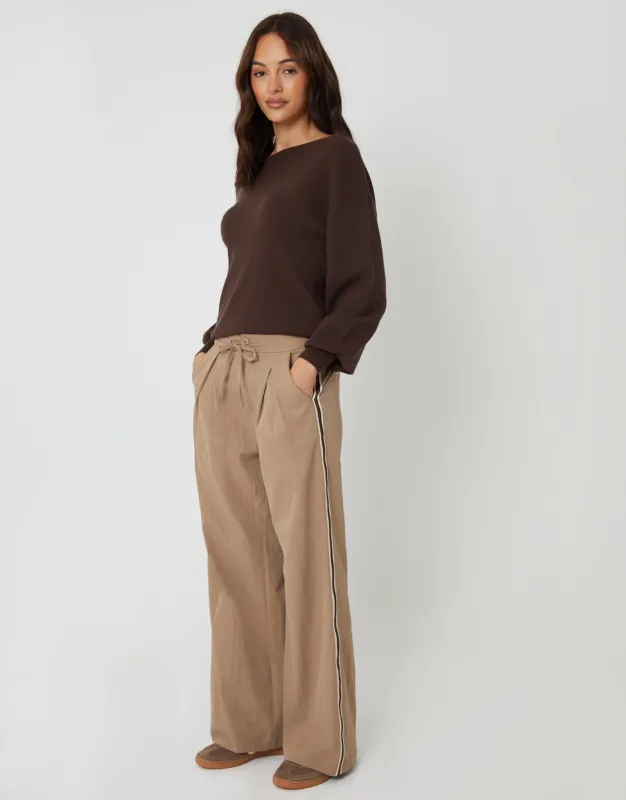 Brown Pleated Side Stripe Wide Leg Trousers made by Threadbare