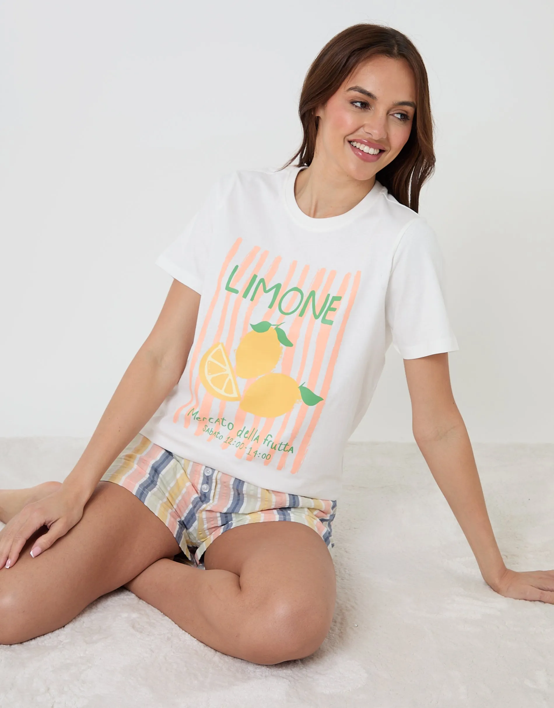 Cream Lemonade Graphic Print Short Cotton Pyjama Set sold by Threadbare